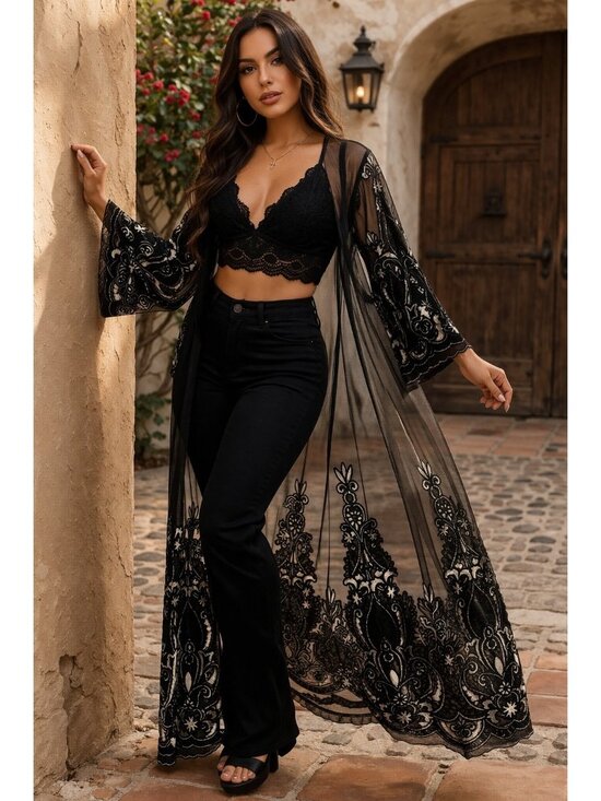Mechant Other - Mechant Sheer Lace Kimono Duster S Black Mesh Embroidered Boho Layer